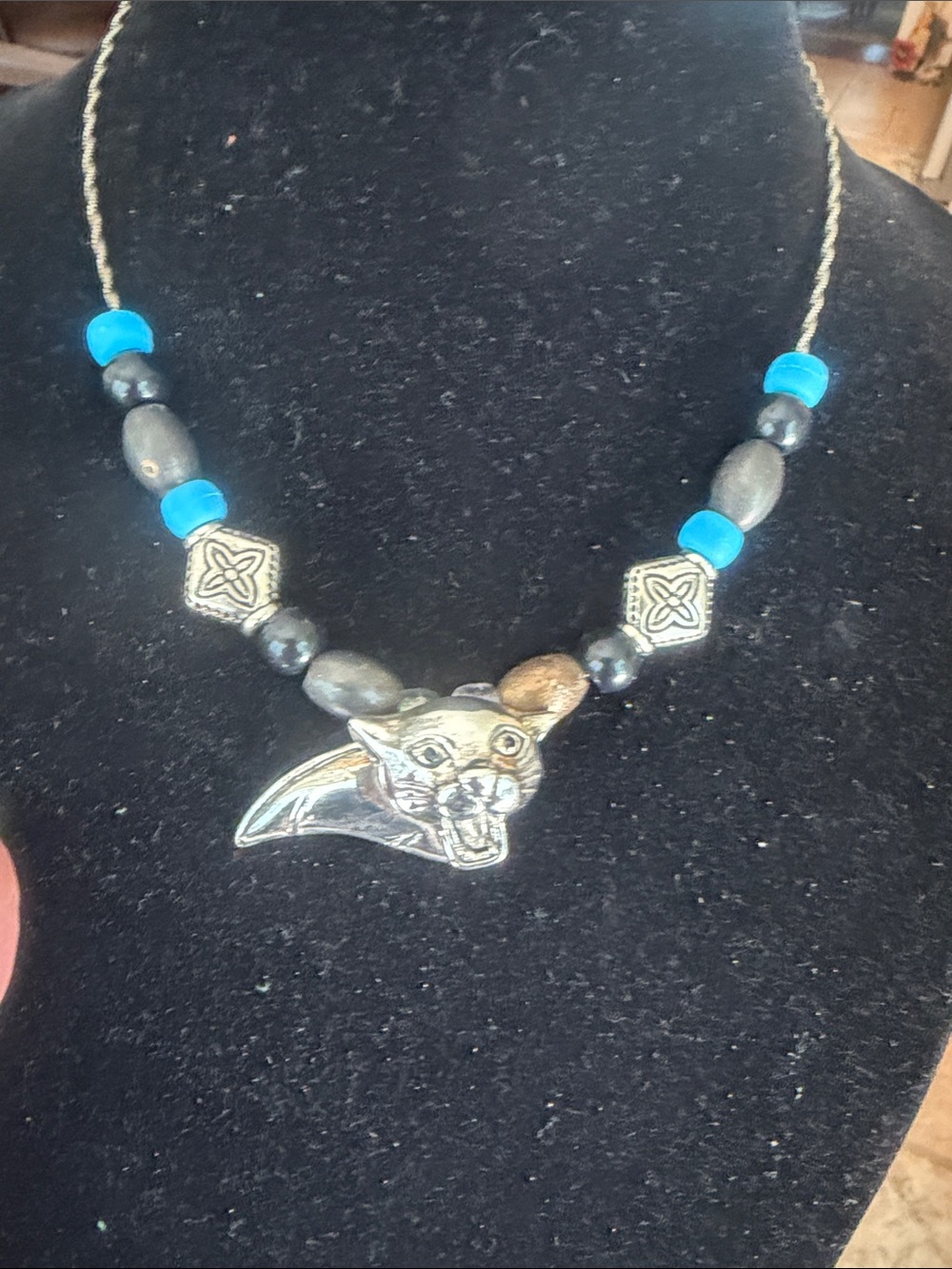 Best brand Silver-tone Panther Pendant Necklace with faux Turquoise Beads